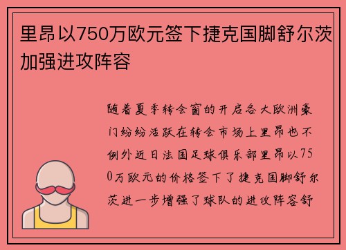 里昂以750万欧元签下捷克国脚舒尔茨加强进攻阵容